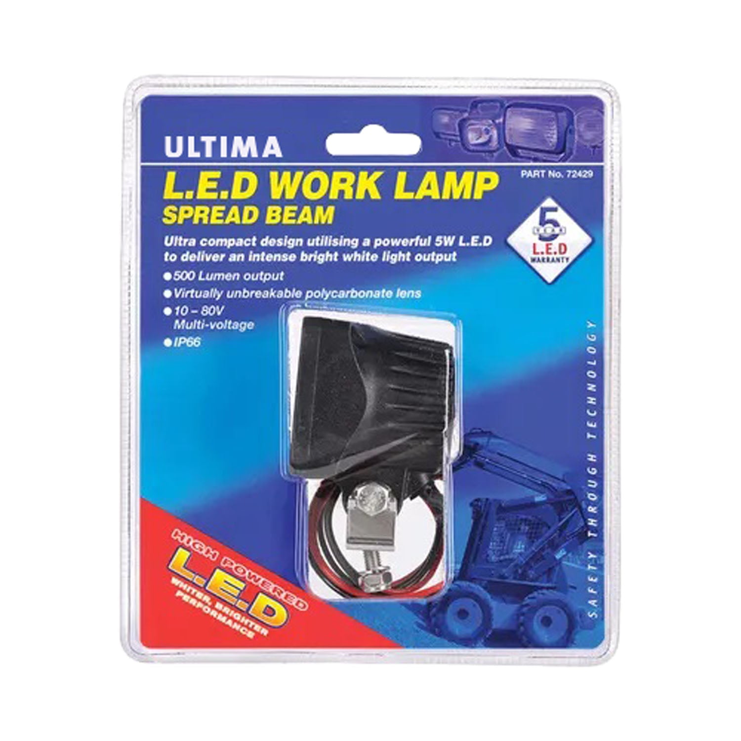 Square Work Lamp Flood Beam, 500 Lumens, Black